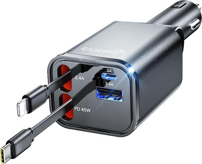 84W Retractable Car Charger,Car Phone Charger USB C Fast Charge for iPhone | EloBeth Car Charger,Cigarette Lighter USB Charger Car Accessories,Road Trip Essentials Gift for Men,for iPhone 17/16,Galaxy