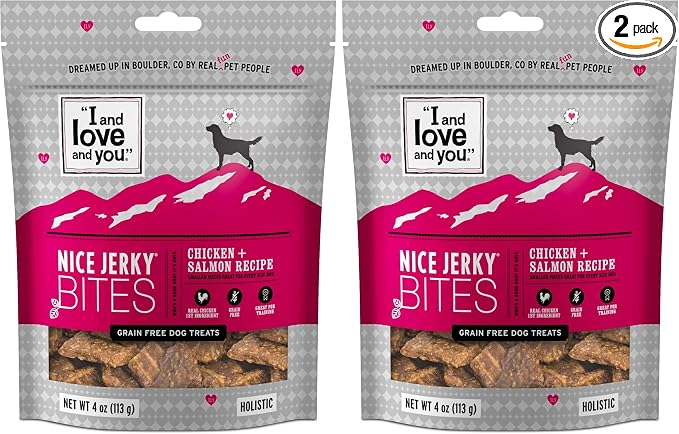 Nice Jerky Bites - Chicken + Salmon - Grain Free, Real Beef, Training Treat, Chewy Dog Treats, Filler Free, 4oz (Pack of 2)