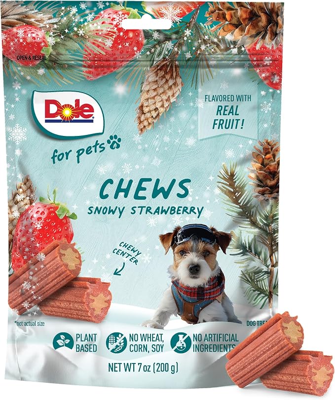 Dole for Pets Snowy Strawberry Dog Chews, Strawberry Flavored Treats with Real Fruit Powders, Vegan Plant-Based, No Wheat Corn Soy or Artificial Colors Flavors Preservatives, 7 Oz Bag