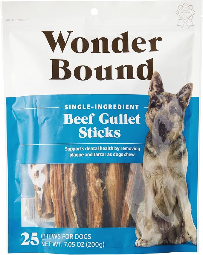 Amazon Brand - Beef Gullet Sticks Dog Treats, 5-6 Inch, Pack of 25, Highly Digestible, Minimally Processed, 7.05 Ounce, 25 Count (Pack of 1)