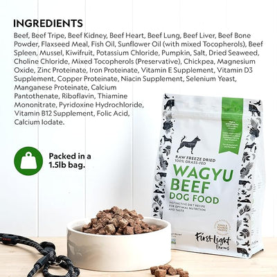First Light Farms Freeze-Dried Dog Food Topper for Picky Eaters | High Protein Treat | Grain-Free Formula for All Breeds & Life Stages | Premium Wagyu Beef & Certified Humane | 1.5lb Bag