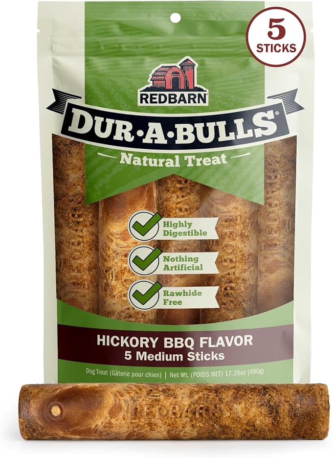 Natural Dur-A-Bulls Treats for Dogs - 5 Medium Sticks - Hickory Flavor - Made in USA Long Lasting 100% Digestible No Artificial Ingredients or Plastic