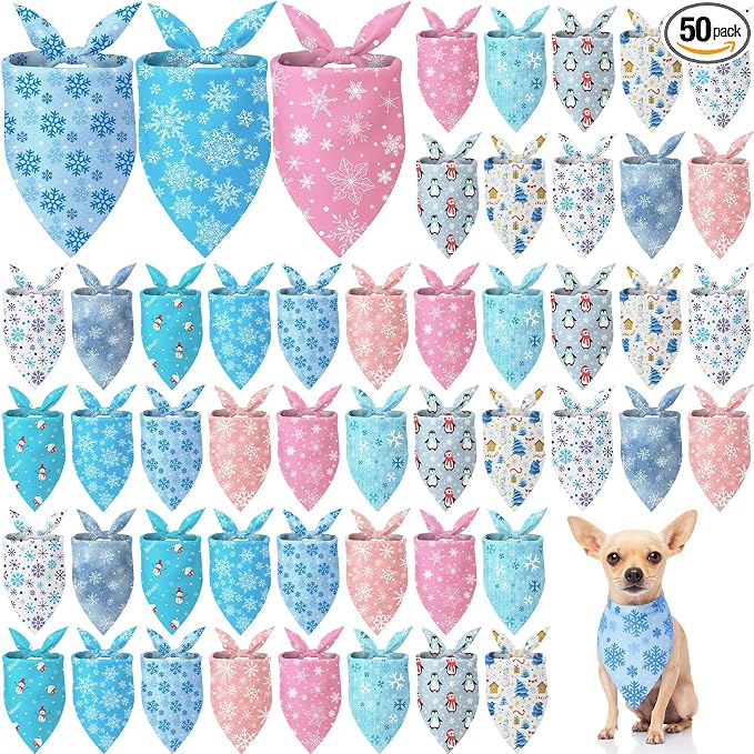 50 Pcs Winter Bandanas Bulk for Dogs Snowflake Cats Bandanas Charm Soft Triangle Bibs Adjustable Scarf for Small Medium Large Pets Winter Costume(25.6 x 17.7 x 17.7 Inch)
