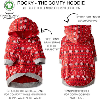 Pet Passion Rocky – The Original Lightweight Hooded Tee 100% Organic Cotton Dog Hoodie Pet Coat Sweater for All Sized Dogs, Red Fair Isle, Large (40-60 lbs)
