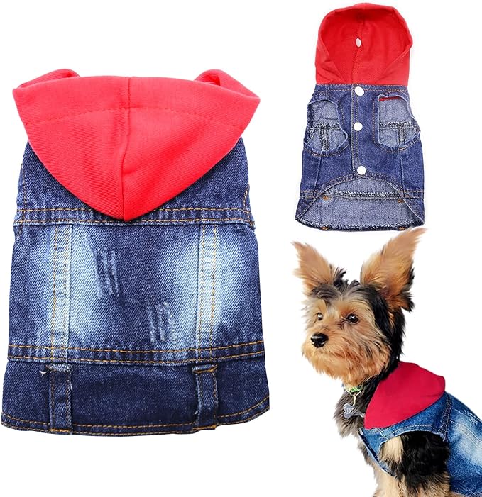 SILD Pet Clothes Dog Jeans Jacket Cool Blue Denim Coat Small Medium Dogs Lapel Vests Classic Hoodies Puppy Blue Vintage Washed Clothes (Red,L)