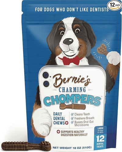 Bernie's Charming Chompers - Daily Dental Chews for Dogs 51-100 Lbs. - 12 Count - Cleans Teeth, Freshens Breath, + Boosts Oral-Gut Microbiome. Easy to Digest, Supports Healthy Digestion Naturally