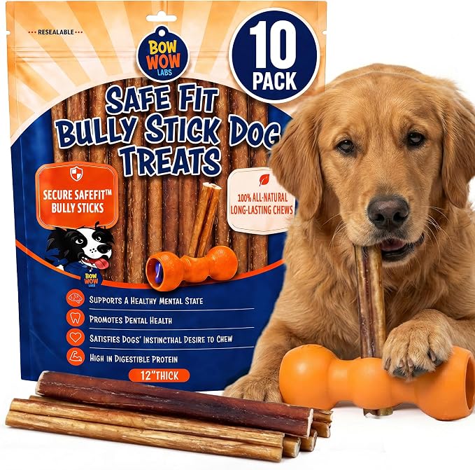 SafeFit™ Bully Sticks for Dogs - 100% All Natural Beef Sticks, Grass-Fed, Low Odor, Long Lasting Dog Chews, Dog Chew Treats, Bully Stick for Small, Medium, Large Dogs - 12" Thick 10 Pack