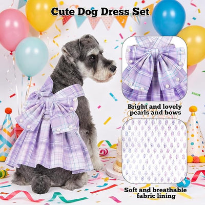 Dog Plaid Dress Harness and Leash Set with Pearls Bow Adjustable Puppy Dress Mesh Vest Bow Knot Pet Clothes for Cute Small Girl Dog Cat (Purple&White, X-Large)