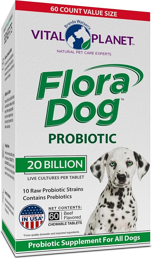 Flora Dog Probiotic Chewable Tablets Supplement with 20 Billion Cultures and 10 Strains, High Potency Immune and Digestive Support Probiotics for Dogs, 60 Beef Flavored Chewable Tablets