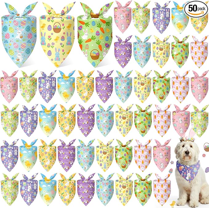 50 Pcs Easter Dog Bandanas Bulk with Bunny Rabbit Egg Carrot Pattern Soft Bibs Adjustable Triangle Pet Scarf Bowtie for Small Medium Large Costume Grooming(31.5 x 21.7 X21.7 Inch)