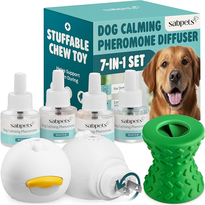 Dog Calming Diffuser Kit by – Pheromone Plug-in for Dogs, Helps Reduce Pee Accidents, Barking & Separation Anxiety – 2 Diffusers + 4 Refills + Toy | Mess-free support for home routines