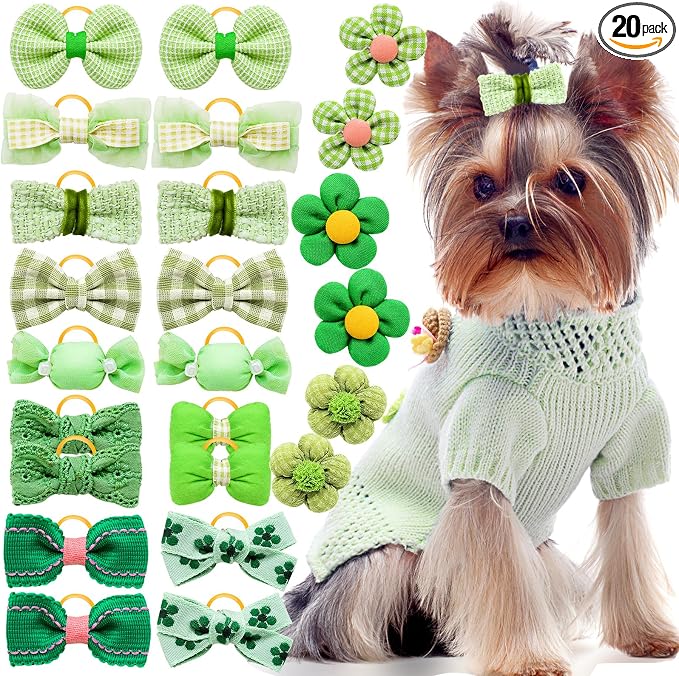 20pc Green Small Dog Hair Bows with Rubber Bands, Bulk Green Puppy Dog Hair Bows, Mix Handmade Cute Dog Gooming Flower Ball Bows for Holiday Yorkie Dog Hair Accessories