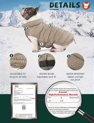 SPACE LION Dog Puffer Jacket, Down Winter Coat, Durable Outdoor Coat for Cold and Windy Conditions, Lightweight & Adjustable Fit Coats for Large Dogs, (Camel, Size24/2XL)