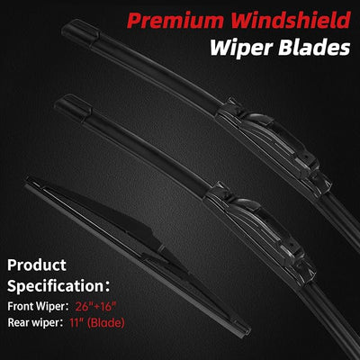 OTUAYAUTO Windshield Wiper Blades Replacement for Hyundai Kona 2018-2023 All-Extreme Weather Performance Quiet No Trace Front and Rear Wipers U/J Hook 26"+16"+11" (Pack of 3)