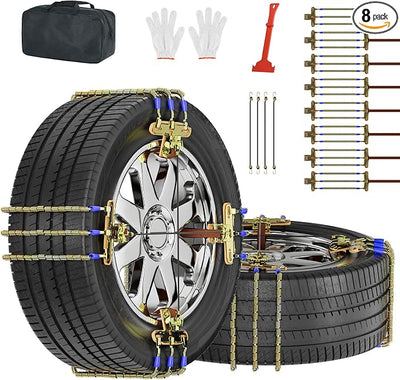 Upgraded Snow Chains 8 Pack, Tire Chains for Passenger Cars, Pickups, and SUVs, Universal Adjustable Emergency Portable Snow Tire Chains for Tire Width 215-285mm