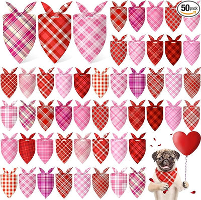 Abbylike 50 Pcs Valentines Day Plaid Dog Bandanas Bulk Pink Red Bandanas for Dogs Triangle Kerchief Bibs Scarf for Pet Romantic Costume Photo Props Accessories Pet Shops Groomers (19.7 x 13.8 x 13.8)
