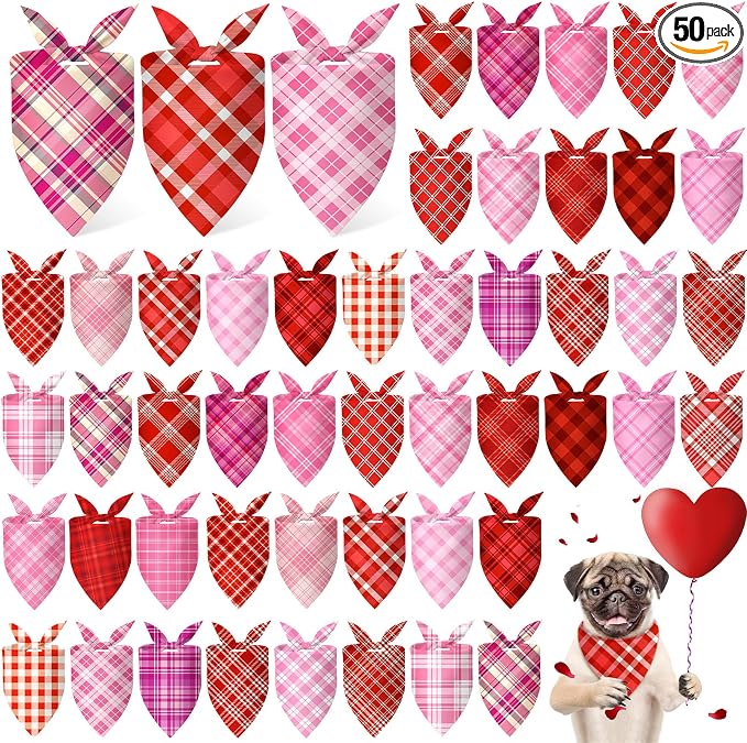 50 Pcs Valentines Day Plaid Dog Bandanas Bulk Pink Red Bandanas for Dogs Triangle Kerchief Bibs Scarf for Pet Romantic Costume Photo Props Accessories Pet Shops Groomers (19.7 x 13.8 x 13.8)