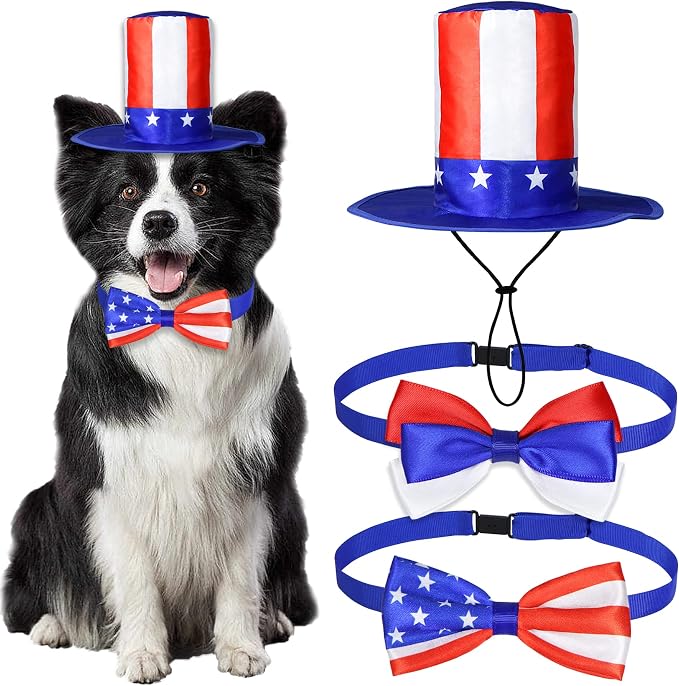 3 PCS Dog 4th of July Outfit, 4th of July Dog Clothes Uncle Sam Dog Top Hat, American Flag Dog Bow Tie Collar Red White and Blue Dog Bowtie for Small Medium Large Dogs (Dog Hat & 2xBow Tie)