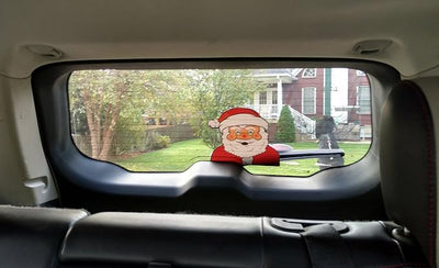 The ORIGINAL Santa Claus Waving Arm Winter WiperTag for Christmas Holiday with Decal attaches to rear vehicle wiper blade. Made in USA.