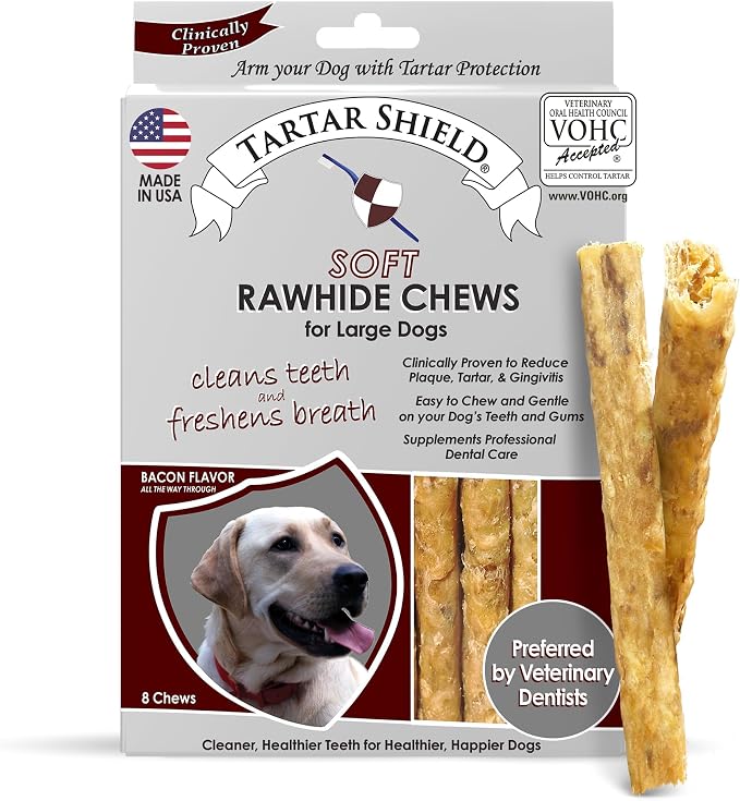 Soft Rawhide Dental Chews for Large Dogs | VOHC Accepted | Reduces Tartar, Controls Plaque & Freshens Breath | Vet Recommended | Bacon Flavor | USA Made | 8 Count