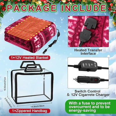 Tuanse 58 x 43 Inches 12 Volt Heated Car Blanket Plug in Portable Car Electric Blanket with Cigarette Lighter, Temperature Controller and Storage Bag for Rv Truck Traveling(Red White,Reindeer)