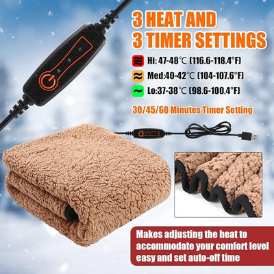 Tuanse 2 Pcs USB Heated Blanket 25"x 35" Heated Car Blanket 5V Portable USB Electric Throw 3 Heat Setting Electric Throw with Timer Temperature Controller for Car Winter Home Office(Khaki,Lambswool)