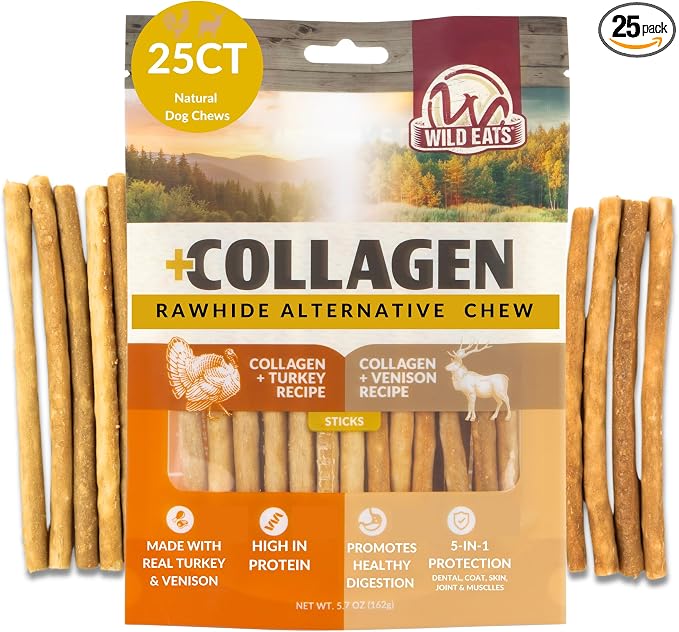 Wild Eats Turkey and Venison Collagen Sticks for Dogs (25 Pack) Long Lasting Dog Chews, No Hide Dog Treat Bully Stick Alternative, Rawhide Free, Grain Free, High Protein