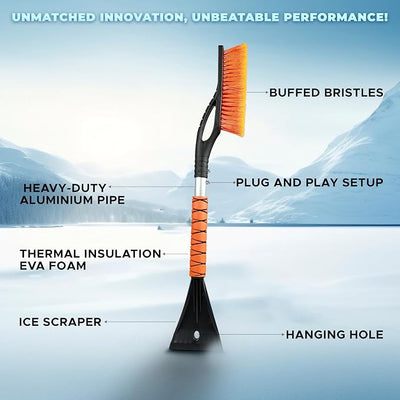 EcoNour 27" Car Snow Brush and Ice Scrapers for Car Windshield (Orange - 2 Pack) | Scratch Free Bristle Head Snow Brush & Tough Window Snow Scraper with Aluminium Body