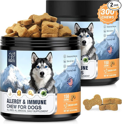 Dog Allergy Relief Immunity Chews 300 Ct, Itching Skin Relief Chews Colostrum Probiotics & Omega 3 - Seasonal Allergies Skin & Hair, Gut, Immune-All Ages & Sizes Dogs Made in USA Chicken Flavor
