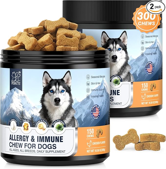 Dog Allergy Relief Immunity Chews 300 Ct, Itching Skin Relief Chews Colostrum Probiotics & Omega 3 - Seasonal Allergies Skin & Hair, Gut, Immune-All Ages & Sizes Dogs Made in USA Chicken Flavor