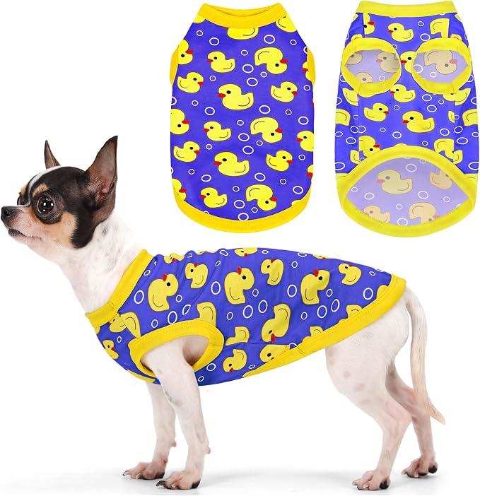 Adorable Yellow Duck Dog Shirt: Lightweight Polyester Cartoon Puppy Vest, Small Medium & Large Dog T-Shirt, Summer Pet Clothes, Cute Dog Apparel, Breathable Dog Tank Top Blue XS
