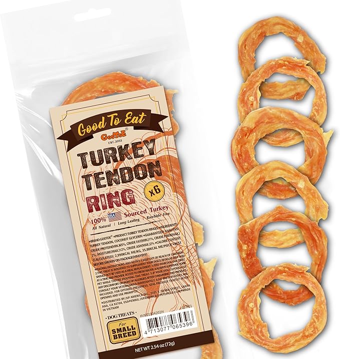 Turkey Tendons for Dogs –All-Natural, Hypoallergenic Dog Treats, Rawhide Alternative, Long Lasting Puppy Chews, Healthy Dog Treats for Small Breeds, Ring (S), 6 Count Pack