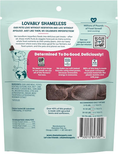 Shameless Pets Soft-Baked Dog Treats, Duck Duck Beet - Natural & Healthy Dog Chews for Digestive Support with Fiber - Dog Biscuits Baked & Made in USA, Free from Grain, Corn & Soy - 1-Pack
