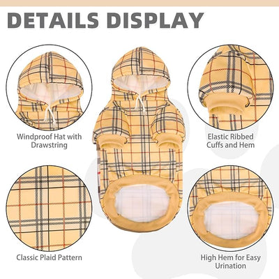 KOOLTAIL Plaid Dog Hoodie for Small Medium Large Dogs,Pet Clothes Sweater with Hat and Pocket for Cold Weather Winter, Soft&Warm Doggy Hooded Sweatshirt Coat Outfit for Puppy Cats Girls Boys Khaki L