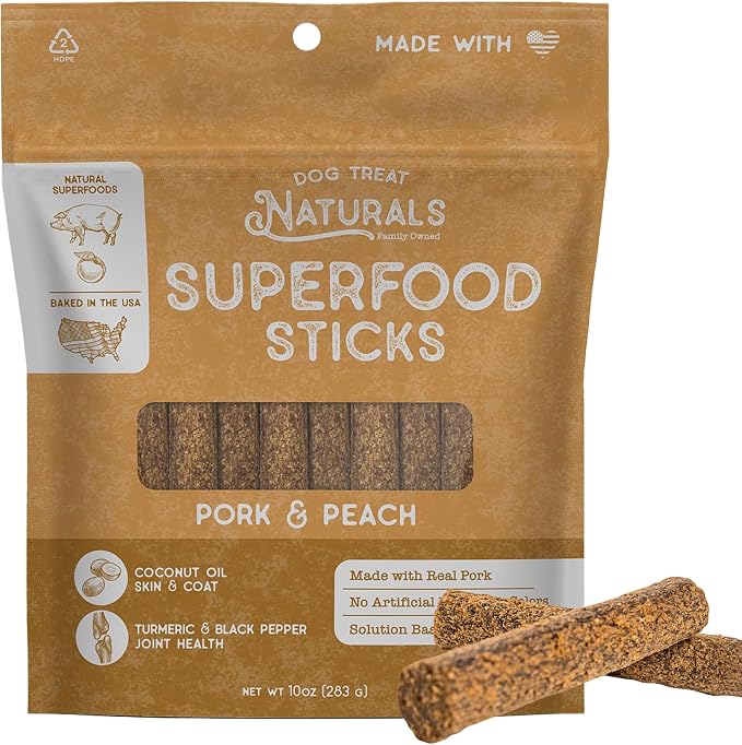 Superfood Sticks, Pork & Peach, 10oz Bag | Dog Chew Sticks | All-Natural, Pet Training Treats | Joint-Skin-Coat Health | USA Made