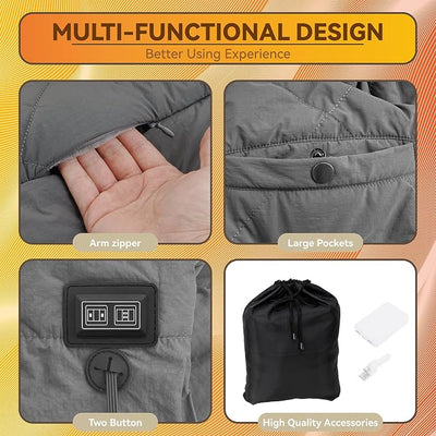 Outdoor Heated Blanket, Fast Heating Wearable Blanket, Cordless Portable Electric Heating Shawl for Outdoors, USB Heated Throw Blanket