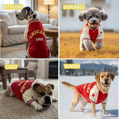 Dog Winter Jackets – Fleece-Lined Giant Doggy Varsity Coats with Snap Closure, Sport Outerwears for Dogs, Cold Weather Sweaters for Giant Pets, Puppy Dane Holiday Costume Clothes, Red XXXXL