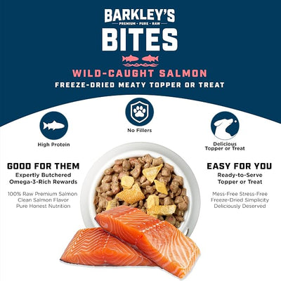Barkley’s Bag Salmon Bites, Freeze Dried Dog Treats and Food Topper, Made with Wild-Caught Salmon, Bite-Sized Whole Pieces for Training Rewards, for All Dog Breeds, Ages & Sizes, 4 Oz Bag (3 Pack)