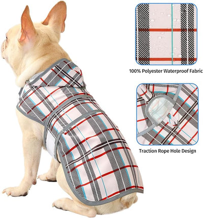 Dog Raincoat for Medium Dogs Waterproof Jacket Hooded Rain Coats with Reflective Strips Leash Hole & Poncho Adjustable Fit (Plaid,M)