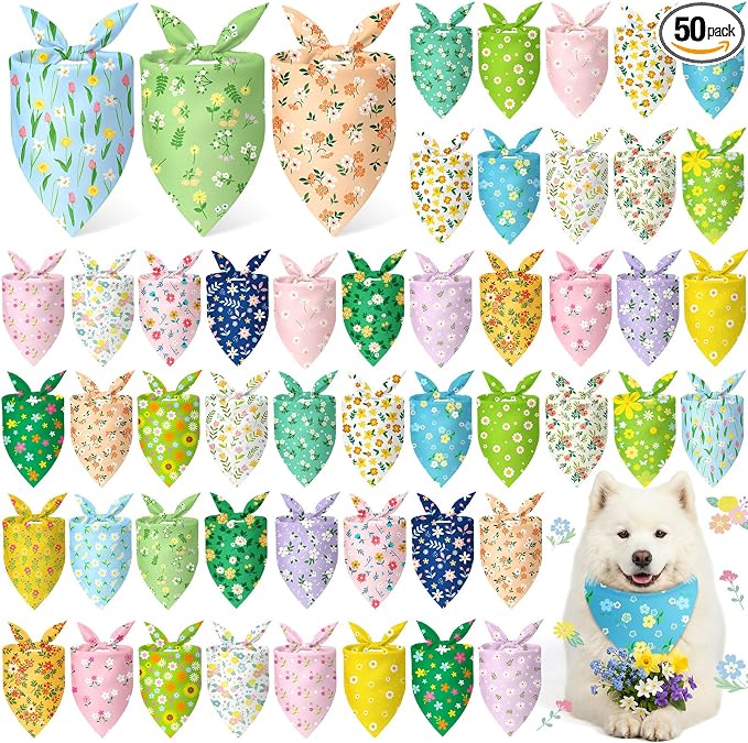 50 Pieces Spring Dog Bandanas Bulk Flower Daisy Sunflower Dog Bandanas for Pets Triangle Kerchief Scarf Bibs for Spring Pets Dogs Party Costume Accessories, 25 Styles (31.5 x 21.7 x 21.7)