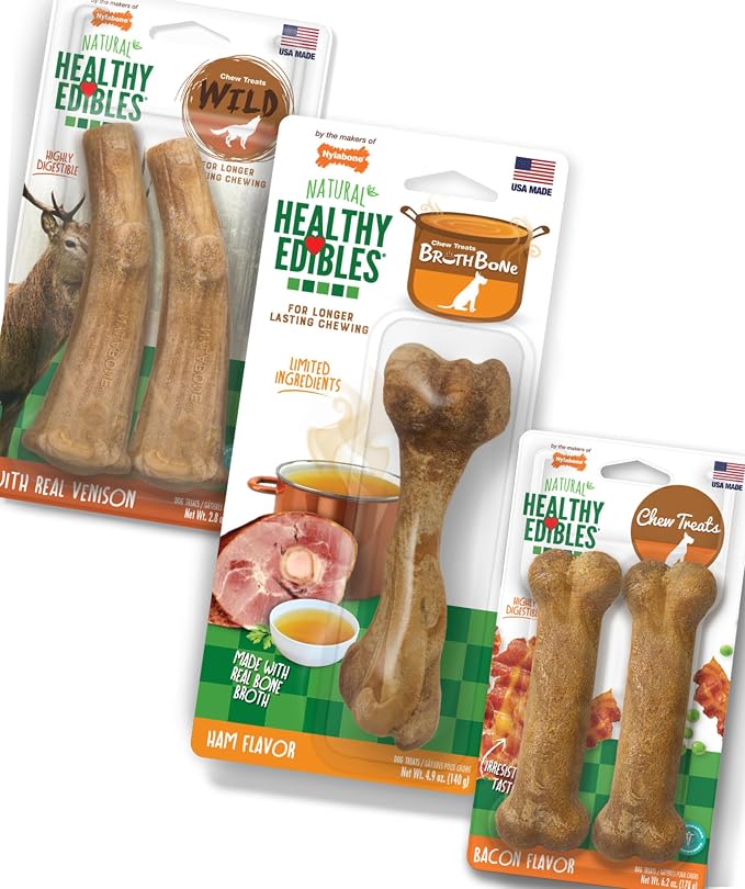 Healthy Edibles Natural Dog Chews, Long Lasting Bones for Dogs, Ham, Bacon, & Venison Flavor Dog Treats, Medium (5 Count)