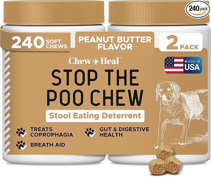No Poo Chews for Dogs 240 Soft Chews, Peanut Butter Flavor Chew No Poo Bites -Dog Coprophagia Treatment, Stop Eating Poop Deterrent -Treats Bad Breath, Boosts Gut Health -Made in USA (2 Packs of 120)
