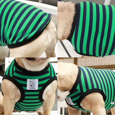 iChoue Pug 100% Breathable Cotton Striped T Shirts Halloween Vest Clothes for Medium Dogs Tank Tops Puppy French Bulldog Frenchie English Boston Terrier Pitbull Green Black Stripes - Small