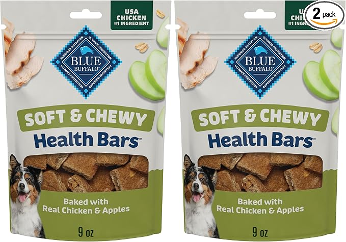 Blue Buffalo Soft & Chewy Health Bars, Baked with Real Chicken & Apples, Natural Dog Treats Mineral Enhanced for Flavor, 9 oz. Bag (Pack of 2)