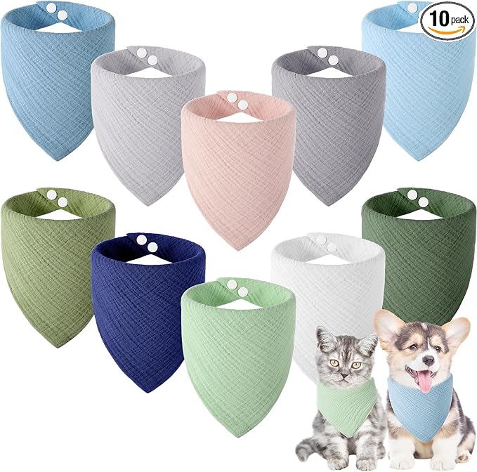 10 Pcs Muslin Cotton Triangle Dog Bandanas Reversible Pet Bibs Scarf Dog Scarves with Two Snaps Apparel Accessories Kerchief for Small to Medium Puppy Cat(Soft & Nature Color)