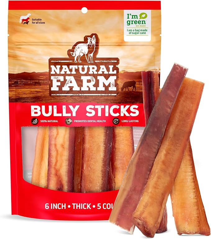 Odor-Free Thick Bully Sticks (6”, 5-Pack) All-Natural Long-Lasting Dog Chews, 100% Beef Pizzle, Grass-Fed, Grain-Free, Protein for Muscle Development & Energy, Perfect for Medium Chewers