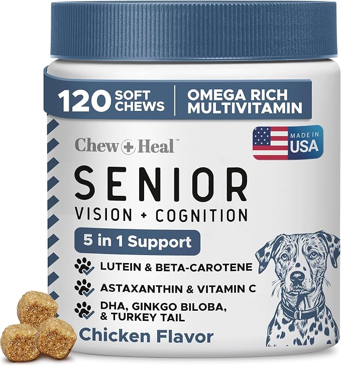 Chew + Heal Labs Senior Dog Vision and Cognition Chews - 120 Soft Chews for Dog Eye Care and Memory - 7-in-1 Multivitamin with Omega Fatty Acids, Vitamins, and Botanicals - Made in the USA