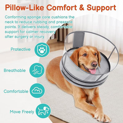 Sponge Dog Cone After Surgery, No Inflation Required Dog Donut Collar to Stop Licking, Inflatable Cone Alternatives for Large Pets, Soft Recovery Collar with Protective Shield (Grey, XL)