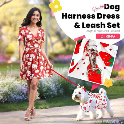 ABRRLO Cute Dog Dress Small Dog Clothes for Girls Female Puppy Outfits Red Strawberry Pet Summer Clothes Bowknot Doggy Cat Princess Dresses Harness for Holiday Birthday Party Costume Clothing (Red,L)
