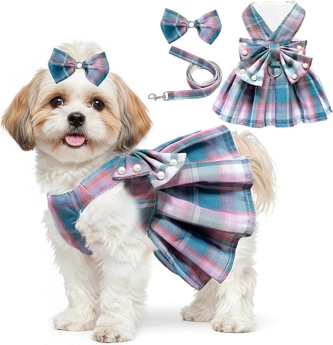 Dog Dress Bowknot Harness Leash Set for Small Dogs Girl Cute Plaid Dog Dress Pearls Bow Tie Spring Summer Princess Clothes Birthday Holiday Doggie Outfits for Puppy Cats Girl (Lake Blue, Small)